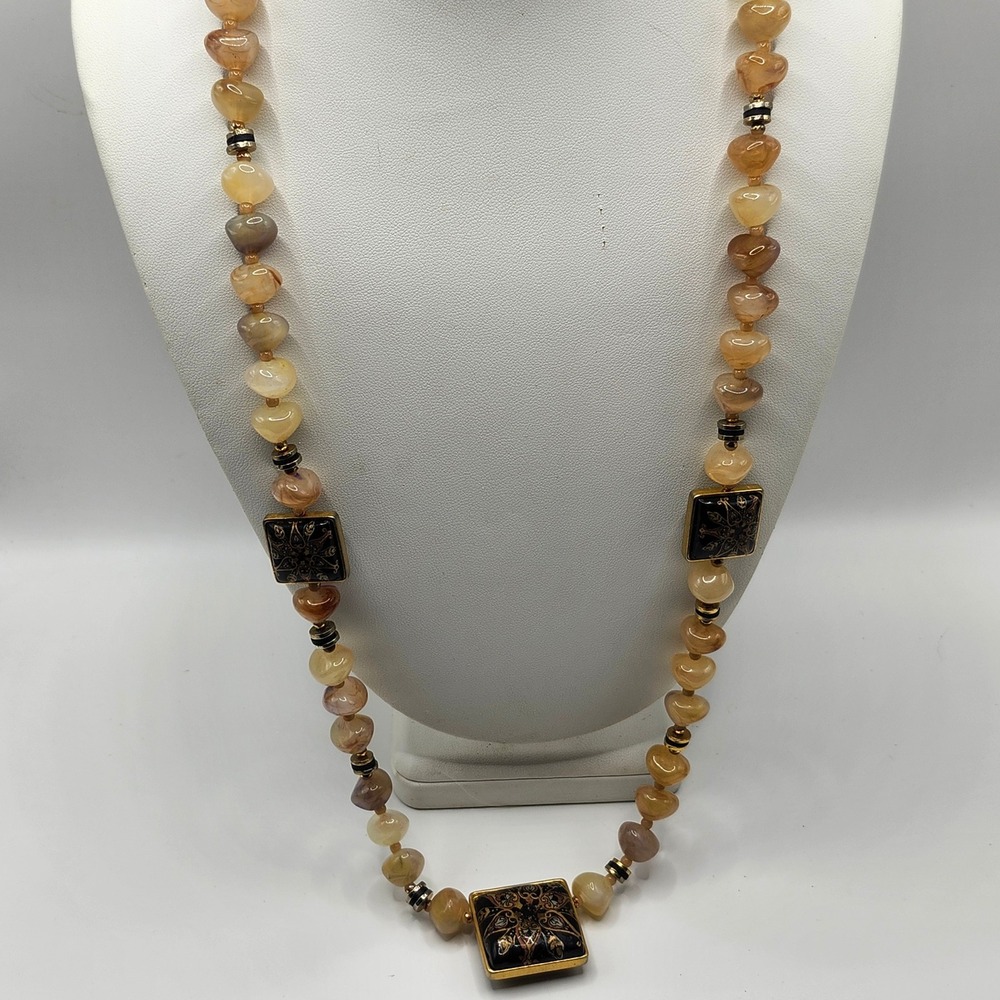 Vintage Japan Beaded Necklace Gold Tone Black Enamel Floral Square Accents Tan